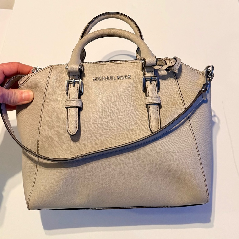 Michael Kors Saffiano Leather Satchel – Light Cement – Crossbody